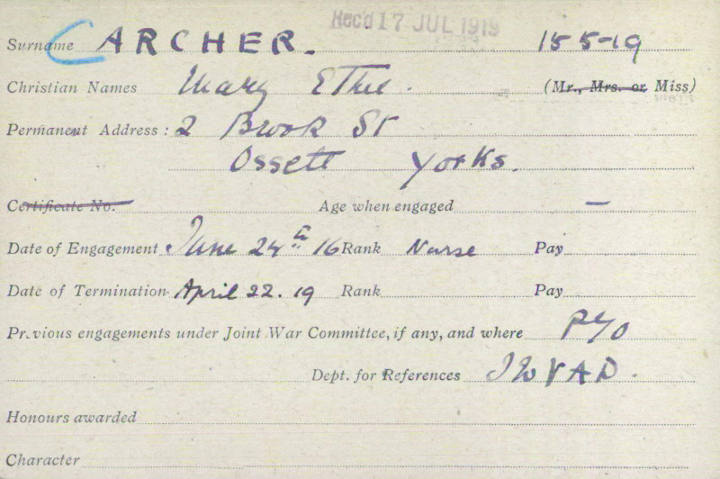Mary Ethel Archer Record Card